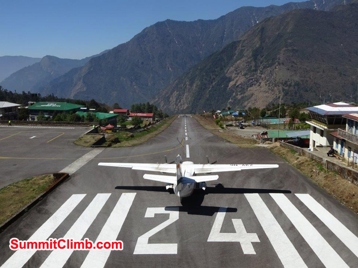 Small plane ready to take off from Lukla airport. Photo Jeff Sorrel