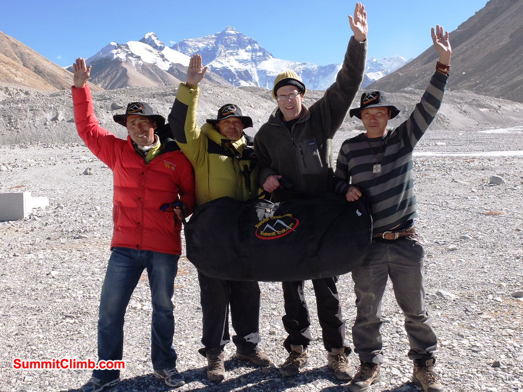 SummitClimb team in Everest Tibet Basecamp - Tenji Sherpa, Murari Sharma, Dan Mazur, and Dorje Lama