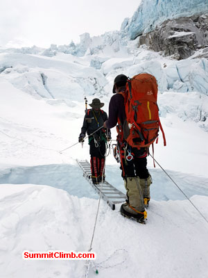 Team member crossing the famous khumbu Icefall.
