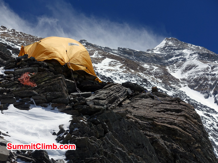 Tent at Camp 2 looking at Summit of Everest. Photo Hubert Klaus