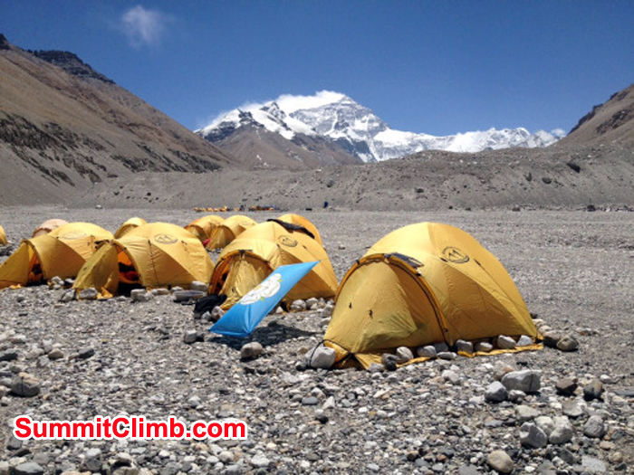 The mountain had been covered by clouds for a while, but finally got a good shot of our camp, and the Everest in the background