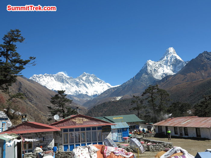 Gorgeous day in Tangboche with view of Mount Everest, Lhotse, AmaDablam. Photo Mathew Slater