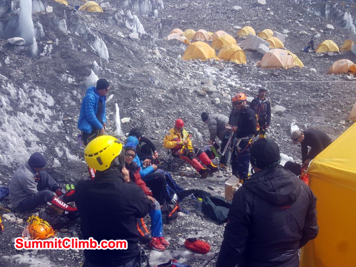 Team checking their personal equipment before climbing lhotse