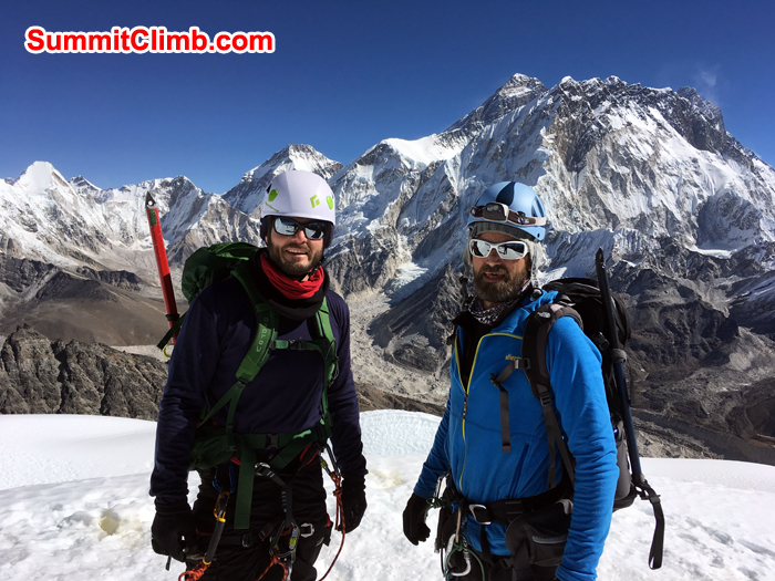 Andy and Warwick on the summit of Lobuche. Background Everest and Lhotse Shar. Photo Andrew Turvey