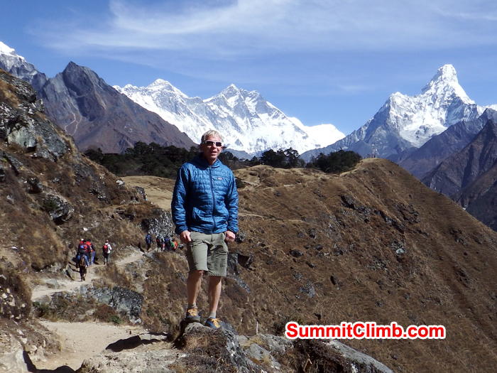 Gordon posing background view Everest, Lhotse and AmaDablam. Photo Warwick Van Aardt