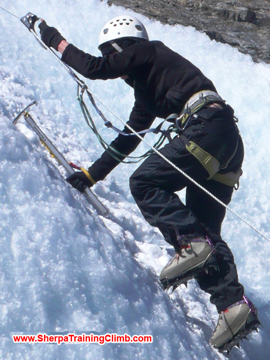 Toni Taylor takes on the practice ice wall at Naulekh Glacier.