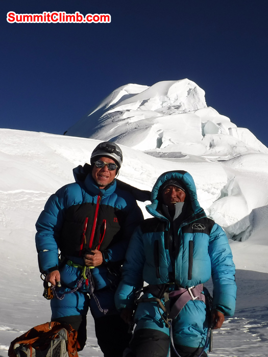 Gordon and Jangbu belay down from summit of baruntse. photo Gordon