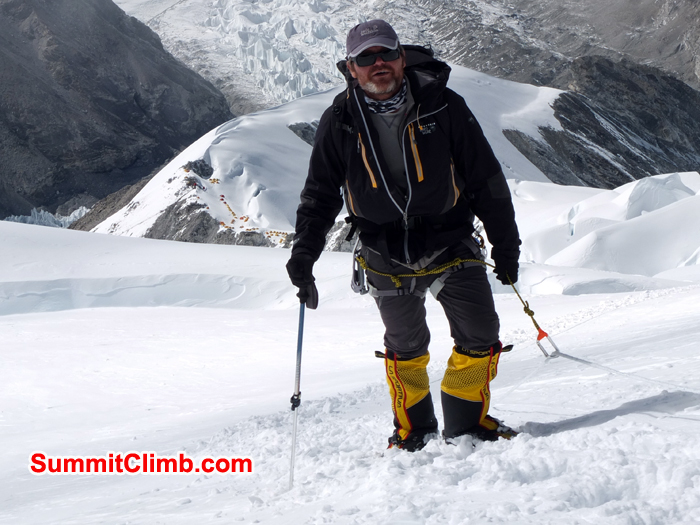 Randy just before C2 with-the-tents of C1 below Camp-2, cho oyu, climbing, expedition, mountain, Nepal