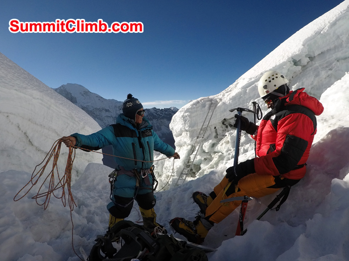 Jangbu Sherpa  and Erik ready for climbing the Imja Glacer on Island Peak. Photo Pedro Llanos